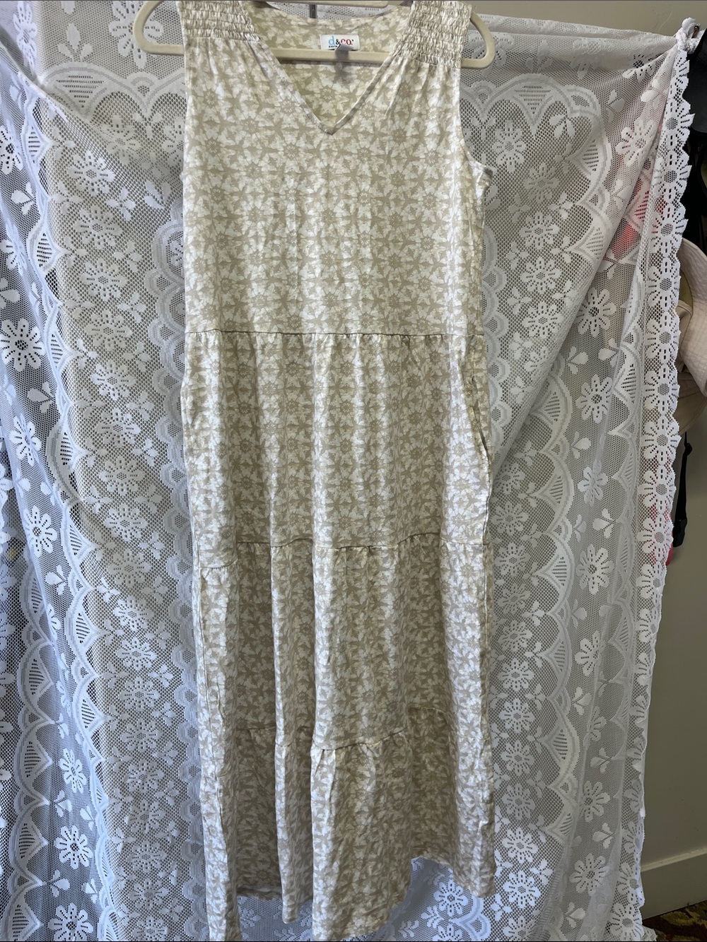Denim & Co. Linen blend Smocked V-Neck Tiered Maxi Dress NIB S